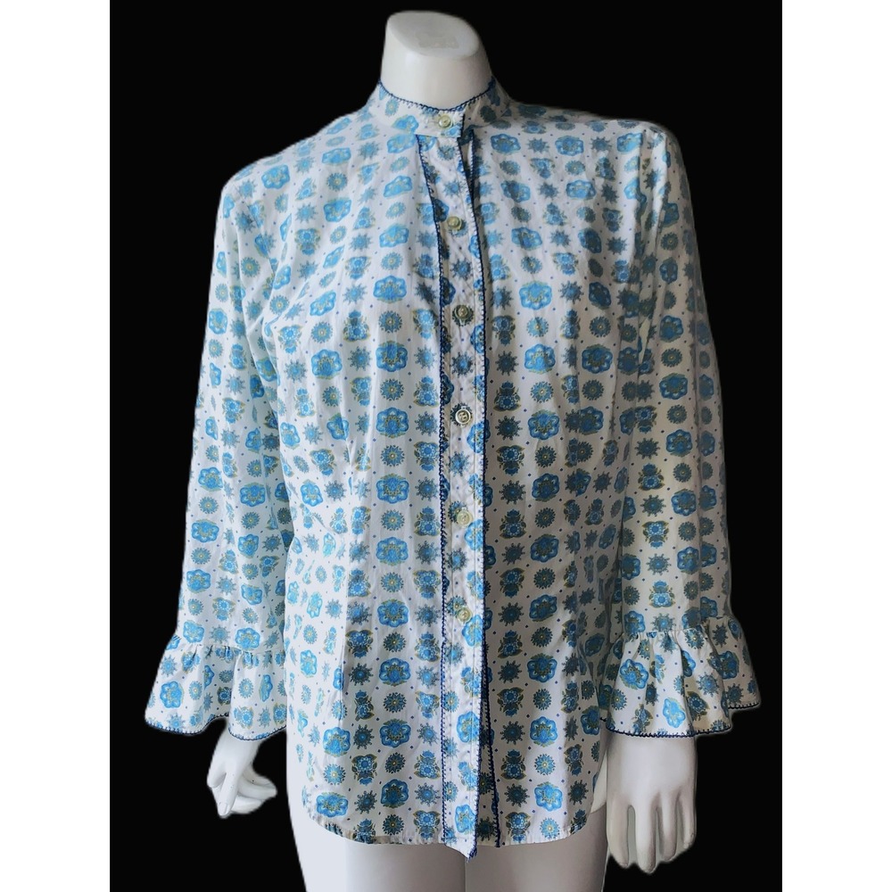 1950s-60s Retro Rockabilly Cotton Blouse Shaped Hem Picot Trim 3/4 Sleeve 37"B